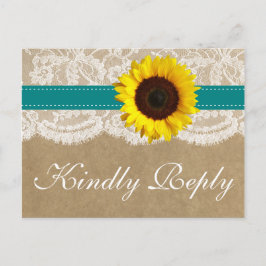 Cartão Postal De Convite Coleção Kraft, Lace & Sunflower - Teal