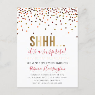 Cartão Postal De Convite Colorida Confetti Shhh... É uma festa surpresa