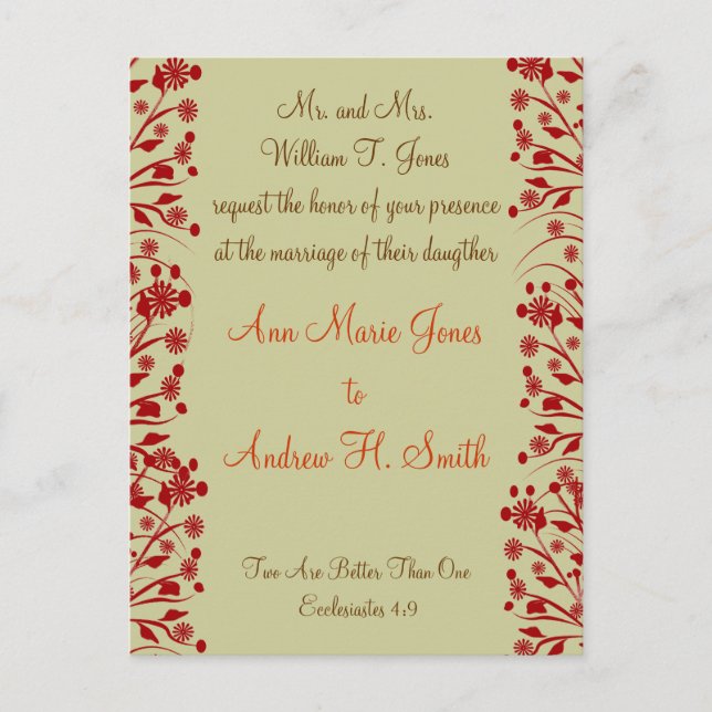 Cartão Postal De Convite Concurso de Casamento Cristão Carmel e Blueberry (Frente)