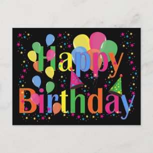 Cartão Postal De Convite Confetti, Chapéus do Partido e Balões - Fundo Negr