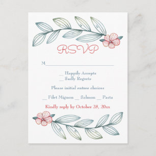 Cartão Postal De Convite Confirmação Floral RSVP Azul Cinza Folhas de Louro