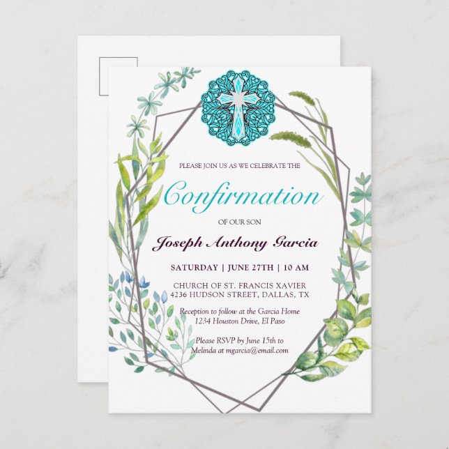 Cartão Postal De Convite Confirmação oral Botânica Cruz Azul Elegante (Frente/Verso)