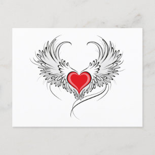 Cartão Postal De Convite Coração Anjo Vermelho com asas