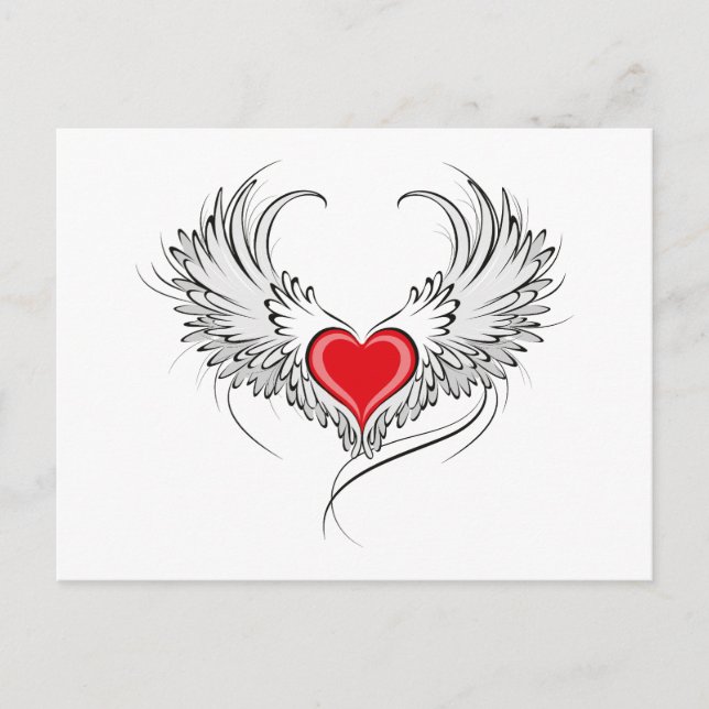 Cartão Postal De Convite Coração Anjo Vermelho com asas (Frente)