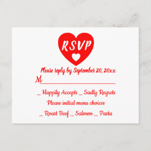 Cartão Postal De Convite Coração Vermelho e Branco RSVP Festa de Casamento