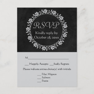 Cartão Postal De Convite Coroa de Noiva Floral RSVP Cinza e Preto Quadro Ne