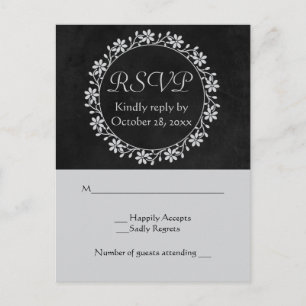 Cartão Postal De Convite Coroa de Noiva Floral RSVP Cinza e Preto Quadro Ne