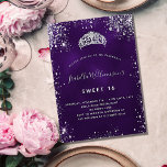 Cartão Postal De Convite Coroa de tiara, brilhante de prata púrpura, 16<br><div class="desc">Para um doce elegante 16,  16 anos. Uma cor de fundo roxa,  a cor roxa é irregular. Decorado com pó falso prateado e uma tiara,  coroa. Personalize e adicione um nome,  idade e detalhes da festa. O nome é escrito com um script de estilo manuscrito. Traseiro: design postal.</div>