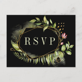 Cartão Postal De Convite Coroa Floral Geométrica Preta Verde Casamento RSVP