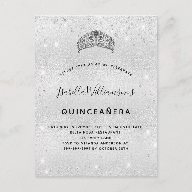 Cartão Postal De Convite Coroa tiara com cintura prateada da Quinceanera (Frente)