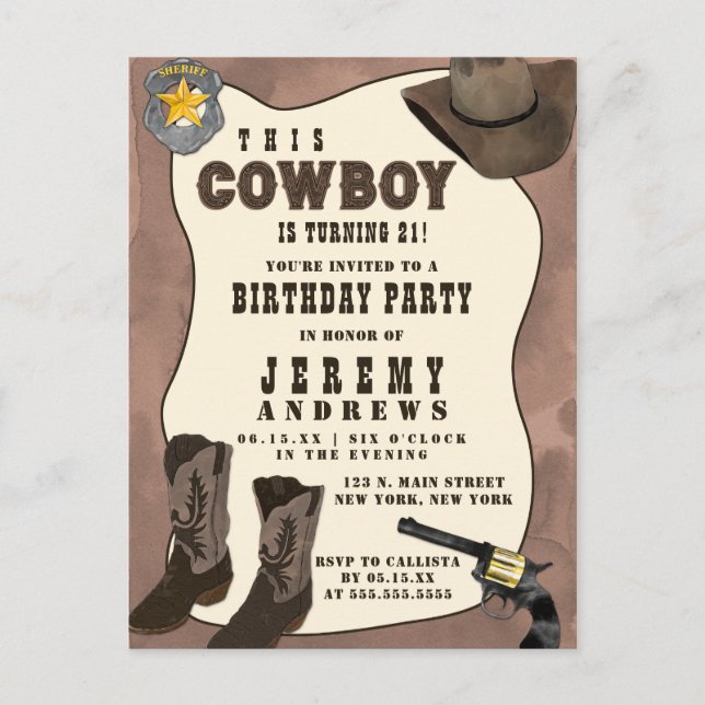 Cartão Postal De Convite Country Brown Cowboy Watercolor Aniversário (Frente)