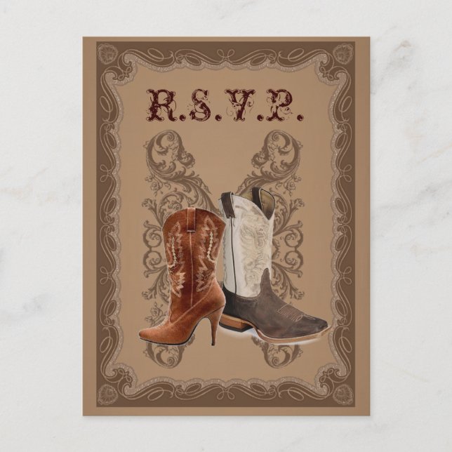 Cartão Postal De Convite Country Cowboy Boots Western Wedrsvp (Frente)