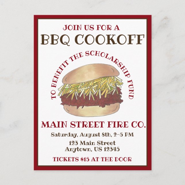 Cartão Postal De Convite Cozinha de CHURRASCO Pork Barbecue Sanduíche Sandu (Frente)