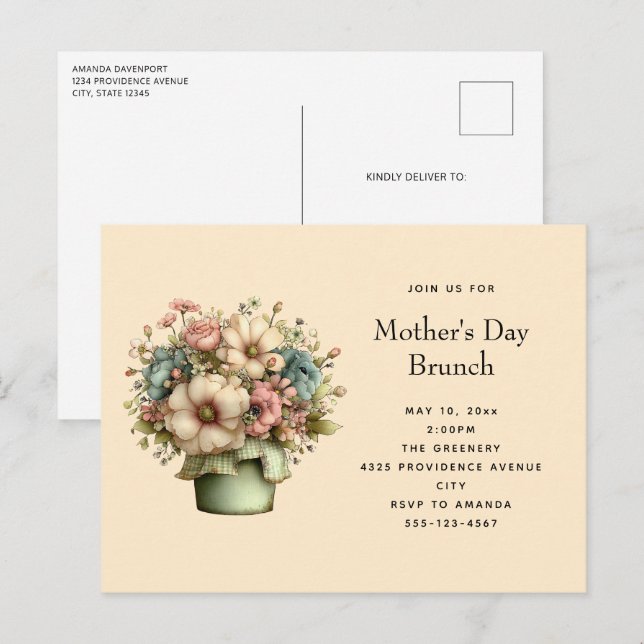 Cartão Postal De Convite Cozy Flowers in a Planter Pot Cute Mother's Day (Frente/Verso)