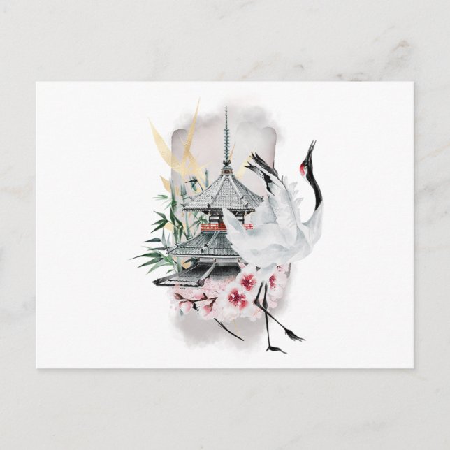Cartão Postal De Convite Crane Bird - Trabalho de arte japonês (Frente)