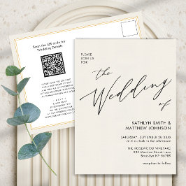 Cartão Postal De Convite Cream Código QR Tudo em um Casamento Minimalista