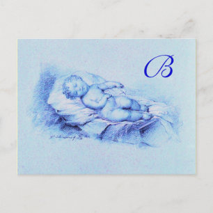 CARTÃO POSTAL DE CONVITE CRIANÇA DORMINDO, MONOGRAMA AZUL DE CHÁ DE FRALD