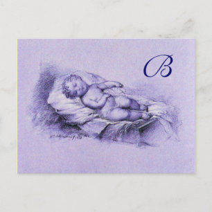 CARTÃO POSTAL DE CONVITE CRIANÇA DORMINDO, MONOGRAMA AZUL DE CHÁ DE FRALD