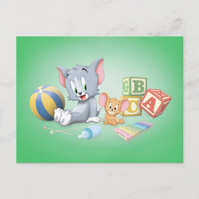 Cartão Postal De Convite Criança Tom e Jerry Brincando com Brinquedos (Frente)