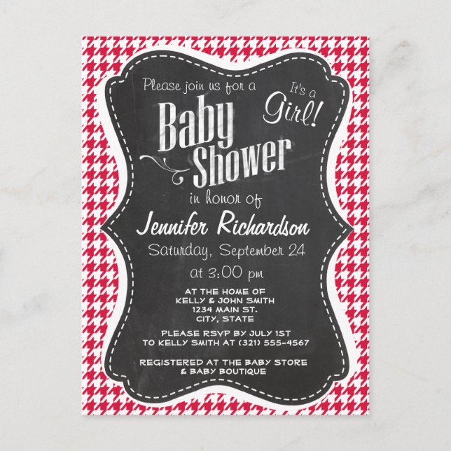 Cartão Postal De Convite Crimson Houndstooth; Quadro Retro (Frente)