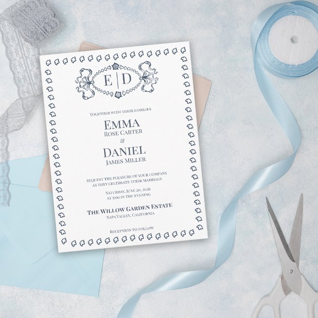 Cartão Postal De Convite Crista de Monograma Azul-Marinho de Família para C (Navy Blue Heirloom Crest Wedding Invitation | Elegant Monogram Formal Traditional Wedding Invite)