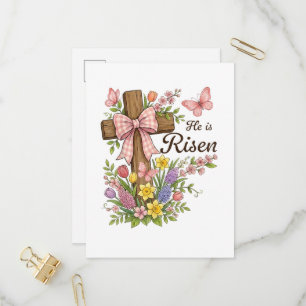 Cartão Postal De Convite Cruz Floral Cristã - Ele Ressuscitou Religiosa
