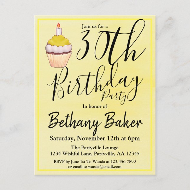 Cartão Postal De Convite Cupcake Amarelo 30 Aniversário (Frente)