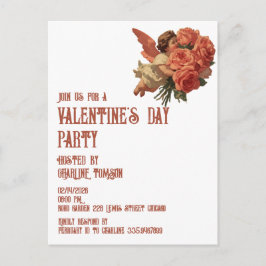 Cartão Postal De Convite Cupido Antigo com Buquê de Rosas