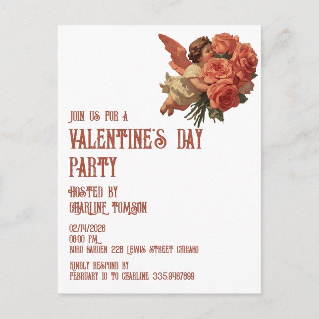 Cartão Postal De Convite Cupido Antigo com Buquê de Rosas (Frente)