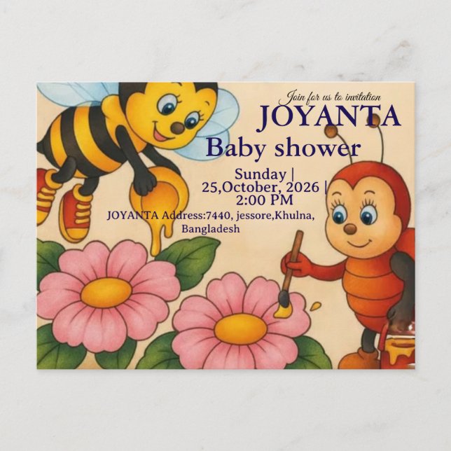 Cartão Postal De Convite Custom bee baby shower  (Frente)