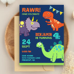 Cartão Postal De Convite Cute Baby Dinosaur Kids Birthday Party<br><div class="desc">Amaze your guests with this cool birthday party invitation featuring bright colorful dinosaurs with vibrant typography against a blue background. Simply add your event details on this easy-to-use template to make it a one-of-a-kind invitation.</div>