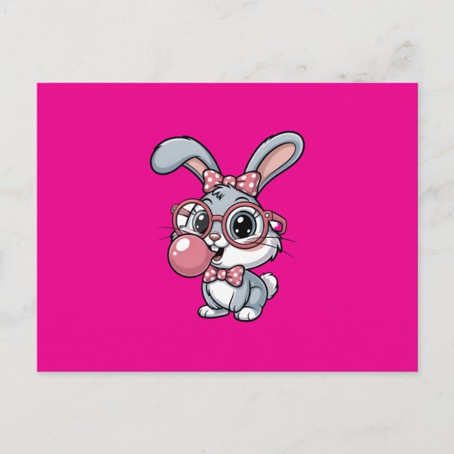 Cartão Postal De Convite Cute Bunny with Glasses Blowing Bubble Gum (Frente)