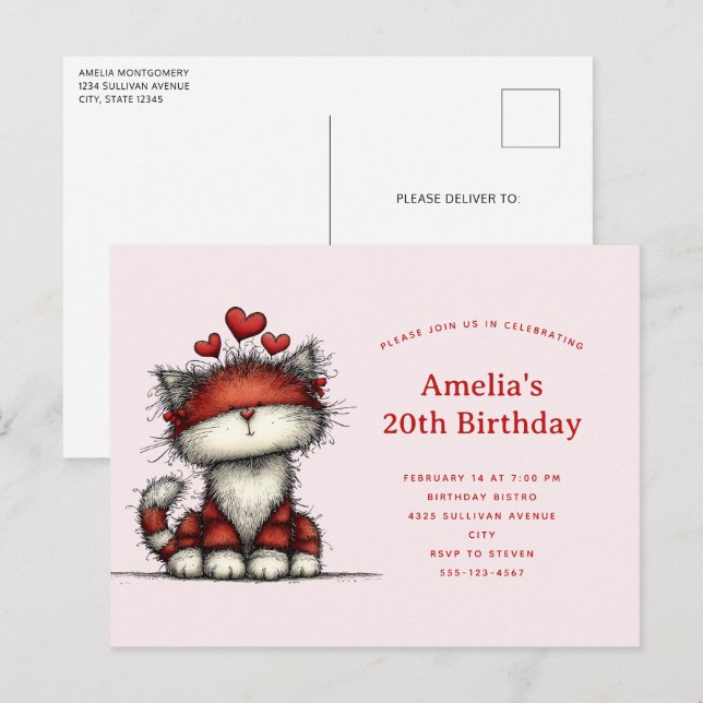Cartão Postal De Convite Cute Cat with Red Love Hearts Birthday (Frente/Verso)