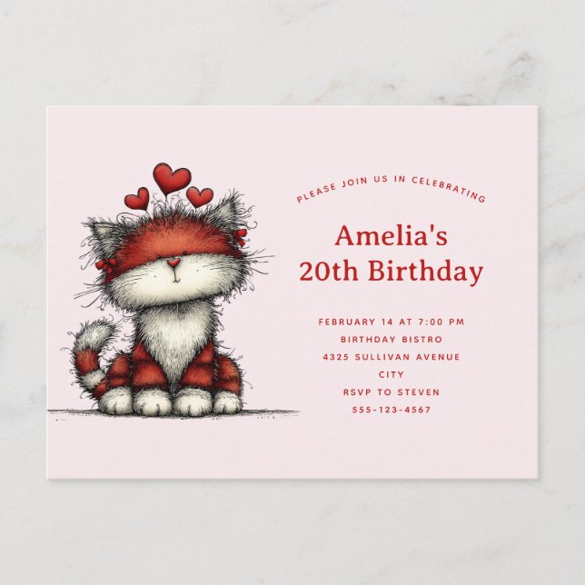Cartão Postal De Convite Cute Cat with Red Love Hearts Birthday (Frente)