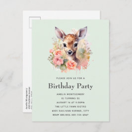 Cartão Postal De Convite Cute Deer Cercado Por Rosas Aniversário