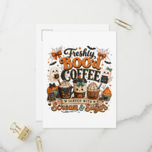 Cartão Postal De Convite Cute Fantasma Assustador Amante de Café Halloween