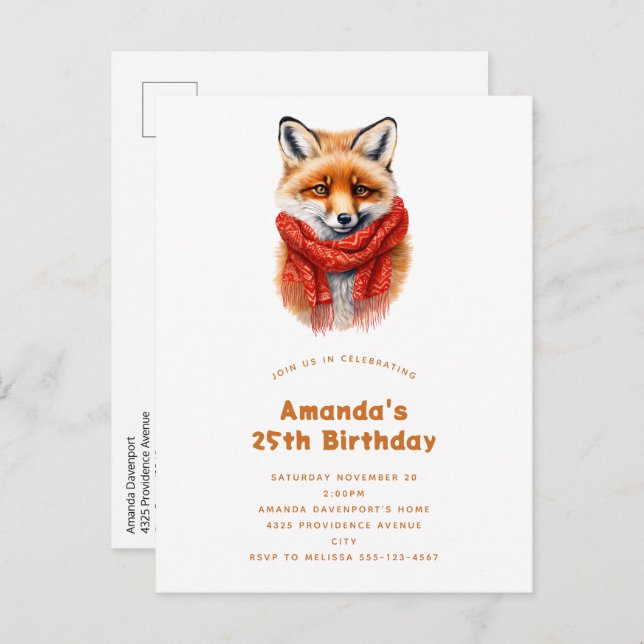 Cartão Postal De Convite Cute Fox in a Red Scarf Autumn Image Birthday (Frente/Verso)