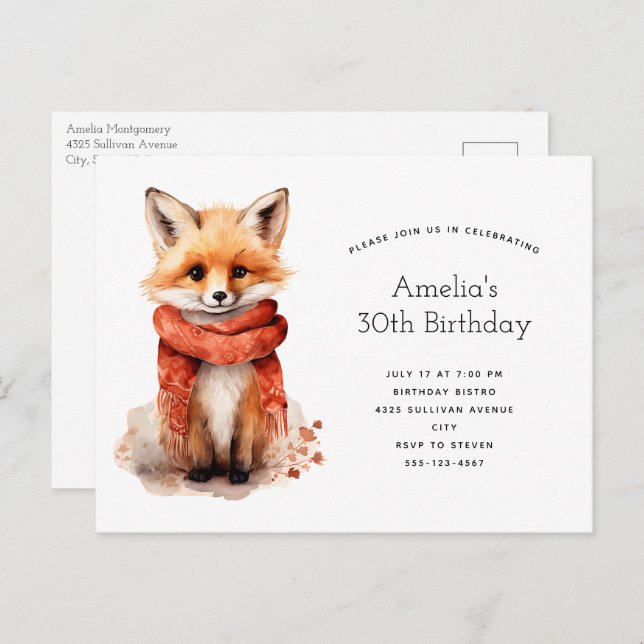 Cartão Postal De Convite Cute Fox Pup in a Red Scarf Birthday (Frente/Verso)