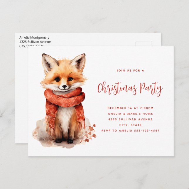 Cartão Postal De Convite Cute Fox Pup in a Red Scarf Christmas Party (Frente/Verso)