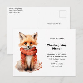 Cartão Postal De Convite Cute Fox Pup in a Red Scarf Thanksgiving