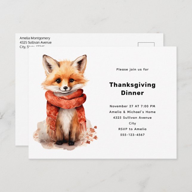Cartão Postal De Convite Cute Fox Pup in a Red Scarf Thanksgiving (Frente/Verso)