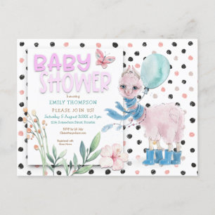 Cartão Postal De Convite Cute Llama Wellies Dots Chá de fraldas Rosa