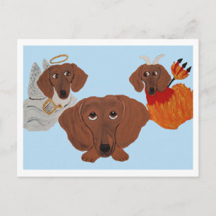 Cartão Postal De Convite Dachshund com anjo e diabo