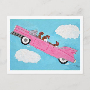 Cartão Postal De Convite Dachshunds em Conversível Rosa no céu