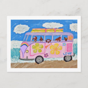 Cartão Postal De Convite Dachshunds Hippies em Van de Criança Flor na Praia
