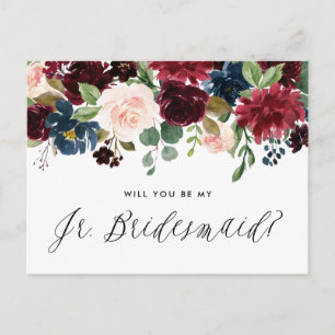 Cartão Postal De Convite Dama de Honra Júnior com Grinalda Floral Burgundy 