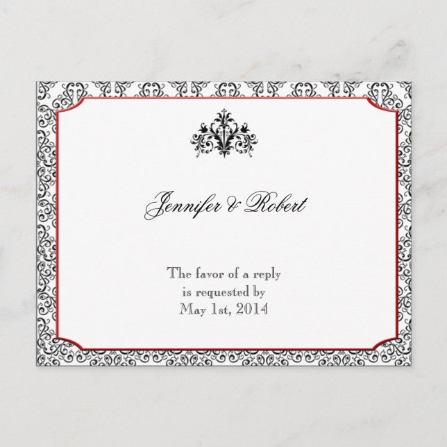 Cartão Postal De Convite Damasco preto e branco com RSVP de Destaque Vermel (Frente)