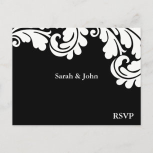 Cartão Postal De Convite Damask Black and White Weding RSVP 1