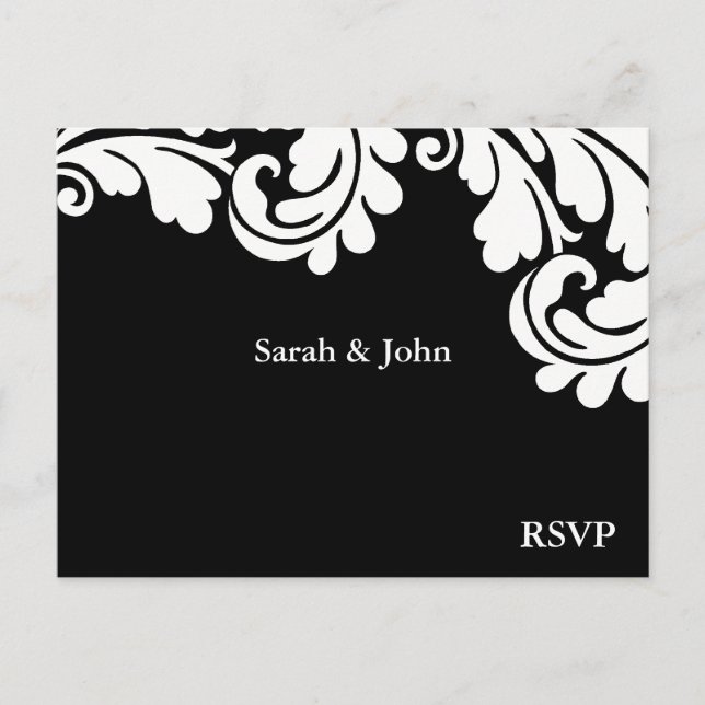 Cartão Postal De Convite Damask Black and White Weding RSVP 1 (Frente)