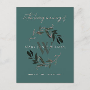 CARTÃO POSTAL DE CONVITE DARK GREEN PINK FOLIAGE WREATH MEMORIAL OBRIGADO